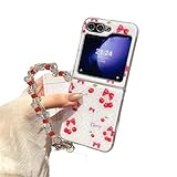 PIQIUZC Schutzhülle für Samsung Galaxy Z Flip 7/6/5 mit Handkette, Kawaii-Blumendesign, faltbare Handyhülle für Mädchen und Frauen (Z Flip 6, Kirsche)