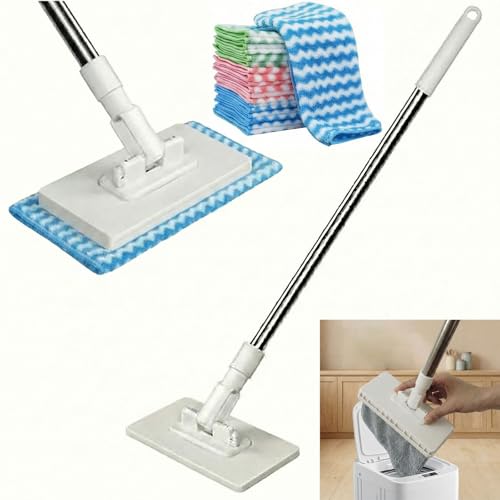 Wischmopp mit Druck-Klemm-System 130cm Mini-Mopp mit Automatischem Klemmtuch Wischer Mop ohne Händewaschen 1-Knopf-Wechsel Enthält 10 Wiederverwendbare Tücher Geeignet für Bad