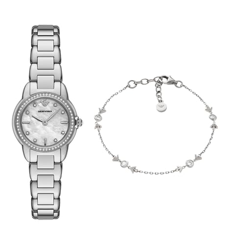 Emporio Armani Femme Montre en Acier Inoxydable Argenté et Bracelet en Argent Sterling, Ensemble