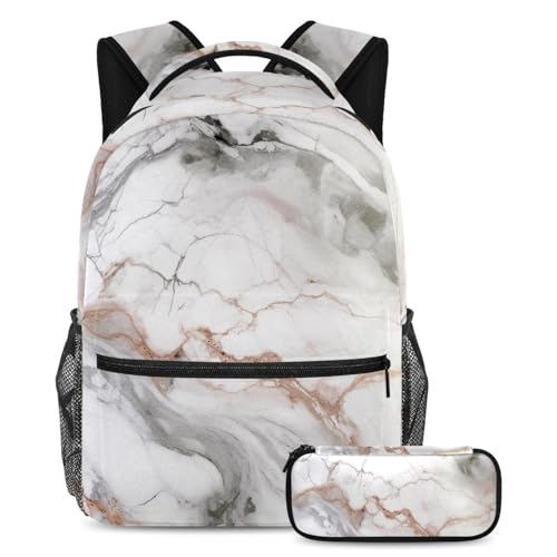 Cartable motif marbre grand sac à dos fille et trousse scolaire grand