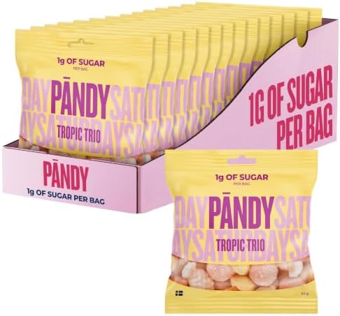 Pändy Süßigkeiten Tropic Trio Gummibärchen, unter 1g Zucker, 14x 50g | Tropische Fruchtgummis mit Ananas, Mango und Maracuja. Zuckerfreie Gummibärchen, glutenfrei, nur 85 Kalorien