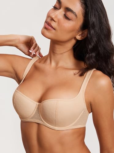 DOBREVA Women's Balconette Bra Lightly Padded Plus Size Sexy Mesh Demi Underwire Bras Wide Cushioned Straps2