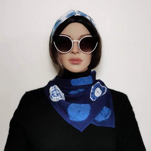 Handmade Shibori Tie Dye Bandana 25‘’, Silk Cotton Natural Indigo Hand Dyed Square Head Scarf, Hair Scarf, Neckerchief3