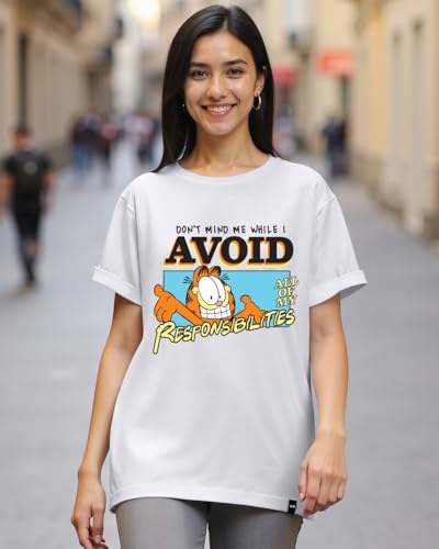 Image of Bewakoof X Official Garfield Merchandise Women's Selective Participation Graphic Printed 100% Cotton T-Shirt - Boyfriend Fit, Round Neck, Half Sleeves, Loose Fit