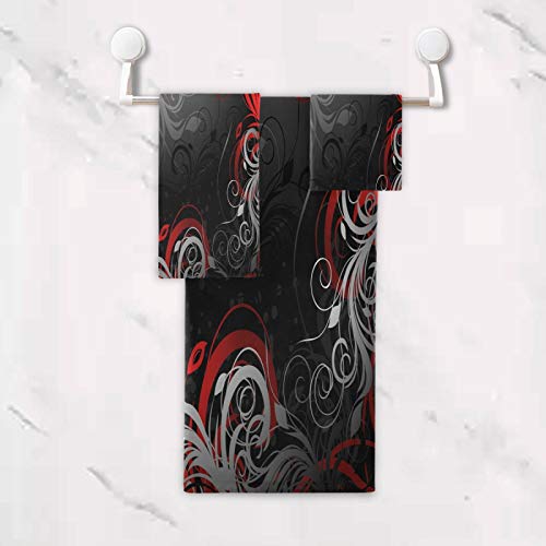 Oyihfvs Red Black Grey Floral Leaf Swirl Abstract Background Set Of 3 Highly Soft Absorbent Towels, 1 Bath Towel, 1 Hand Towel, 1 Face Washcloth Print For Spa Bathroom Hotel Kitchen Beach Gym #TOP4