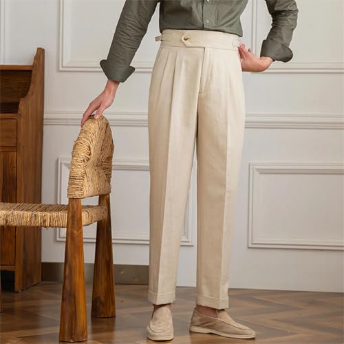 Men's Cotton Linen Breathable High Waist Dress Pants Naples Casual Straight Suit Pants2