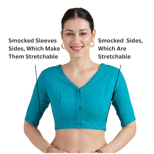 Image of Studio Shringaar Women's Handloom Cotton Side Stretchable (Smocked) Readymade Saree Blouse with Crochet Neckline