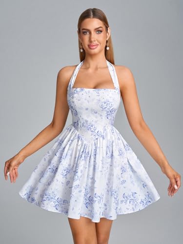 Image of Parthea Women's Floral Halter Mini Corset Dress Sleeveless A Line Flowy Cute Party Graduation Dress