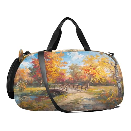 YETTASBIN Sport Travel Duffel Bag for Girls Boys, Autumn Path Large Waterproof Weekender Overnight Bag, Detachable Shoulder Strap Gym Bag with Shoe Compartment & Wet Pocket2