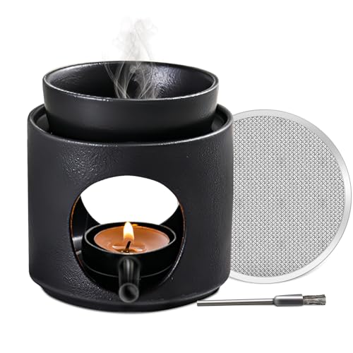 Solinorex Teelicht Duftlampe Schwarz Keramik Duftöl Lampe 2 in 1 Räucherstövchen mit Seib und Abnehmbare Schale Duftstövchen Aromalampe für Ätherische Öle für Duftwachs und Duftöl Matt Schwarz