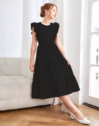 Girls Summer Dresses Ruffle Sleeve Dress A Line Swing Belted Casual Solid Color Party Dress 6-14 Years3