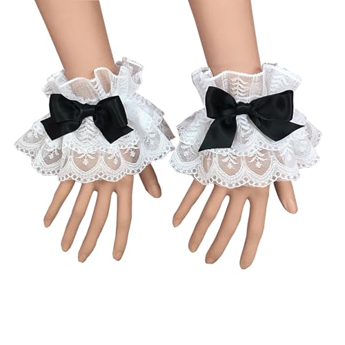 HONGCAUP Women Double Layer Ruffled Lace Wrist Cuffs Black Satin Bow Decor Elastic Wristbands Sweet Lolita Maid Cosplay Gothic Victorian Costume Bracelet Cuffs for Halloween Party Dress Accessory