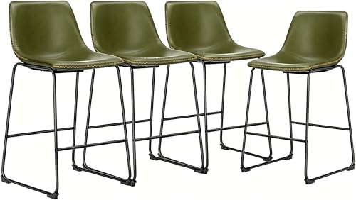 Image of DUMOS Bar Stools Set of 4, Faux Leather Counter Height Bar Chairs for Pub | 26 Inch Barstools with Back, Metal Legs, Footrest, Armless, Modern, Kitchen Island, Living Room, Cafe, Green