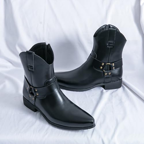 Image of Men's Western Cowboy Boots - Fashion Pointed Toe Chunky Low Heel Belt Buckle Side Zipper Ankle Retro Classic Anti-Slip Short Boots