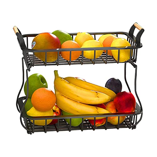 BestAlice Cesta de Almacenamiento de Frutas de 2 Niveles para Encimera de Cocina, Cestas de Pan, Frutero, Soporte para Verduras con Mango de Madera, Cesta de Alambre de Metal Desmontable(Negro)