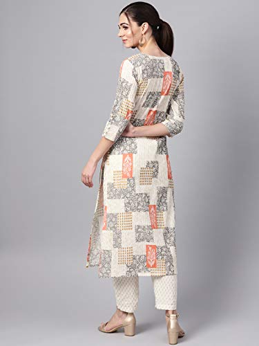 Image of idaLia Women's Off White Printed Cotton Kurta with Printed Pants