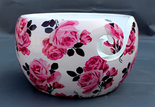 Image of Multi Purpose Wooden Yarn Bowl - Yarn Holder Rosewood - Knitting Bowl Handmade Wooden Yarn Bowl for Knitting and Crochet | Large Knitting Bowl Mother's Day Gift (Pink Flower)