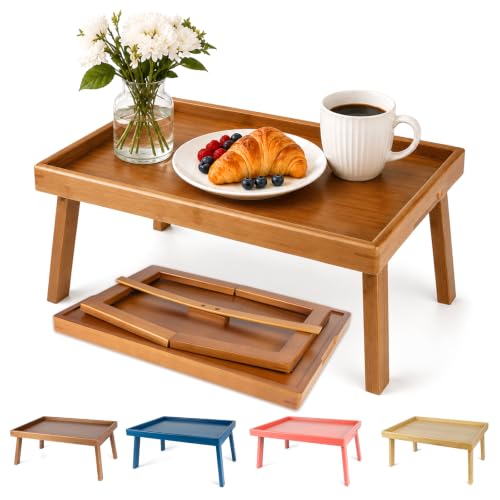 Image of Bamboo Bed Table Tray with Support Bar and Foldable Legs, Breakfast Food Trays Table for Bed Sofa Eating and Laptops, TV Lap Tray Table on Couch (Applied for Invention Patent)