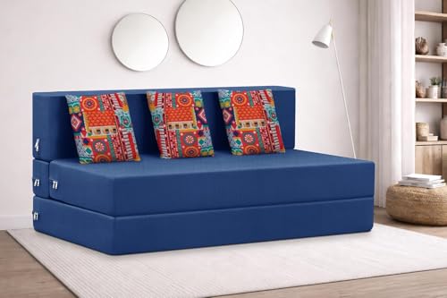 Image of Rosebell Three Seater Foldable Sofa Cum Bed (5x6 Feet) Jute Fabric, Washable Removable Cover, | Space Saving Convertible Sofa Bed for Home, Office & Guests - Blue