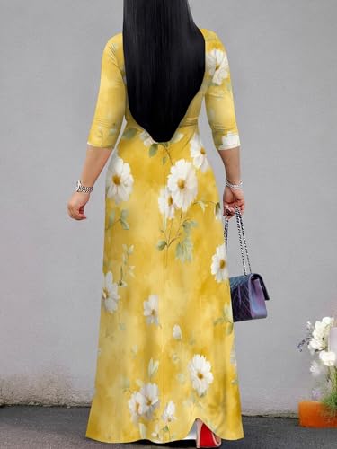 Image of SUZONANA Plus Size Dresses for Women Floral Print Maxi Dress Flowy 3 /4 Sleeve with Belt