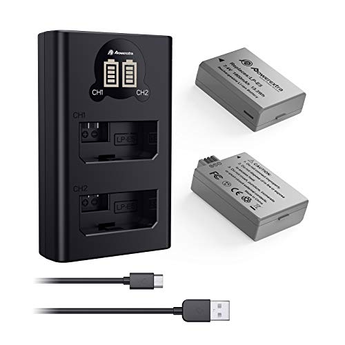 Powerextra 2 Pack Replacement Canon LP-E5 Battery and Smart LCD Display Dual Channel Charger Compatible with Canon EOS Rebel XS Rebel T1i Rebel XSi 1000D 500D 450D Kiss X3 Kiss X2 Kiss F