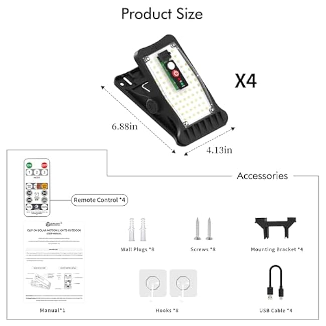 Clip On Solar Motion Lights Outdoor Waterproof, 800LM, 70 LED, 3 Color Temperature, USB & Remote Control, 4 Pack Portable Solar Powered Light Outside for Gutters Fence Garage Camping