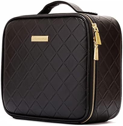 ROWNYEON Makeup Travel Case Rhomboid Makeup Bag Organizer Portable Cosmetic Makeup Train Case Storage Bag Diamond Pattern Cosmetic Bag for Women,Cosmetics PU Leather Waterproof Small,Black