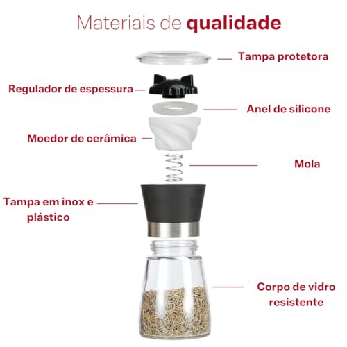 Kit 2 Moedor de Pimenta e Sal com Funil de Silicone Em Aço Inox e Vidro Moedor de sal grosso moedor