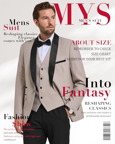 Image of MY'S Mens 3-Piece Suit Shawl Lapel One Button Tuxedo Winter Fabric Slim Fit Premium Dinner Jacket Vest Pants & Tie Set