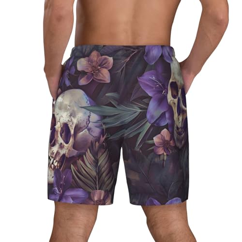 Mens Swim Trunks Palm Leaves Skull Swim Shorts Quick Dry Beach Shorts with Compression Liner and Pocket 2-in-1 Swim Trunks Stretch Summer Shorts,Black,3X-Large,A884