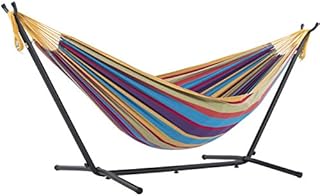 Vivere Double Cotton Hammock with Space Saving Steel Stand, Tropical (450 lb Capacity - Premium Carry Bag Included)