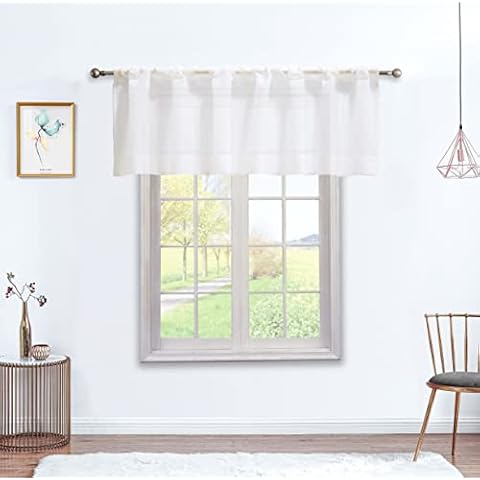 July Joy White Sheer Valance Curtains for Kitchen, 18 Inch Length Rod Pocket Window Drapes Faux Linen Semi Sheer Small Curtains for Bathroom Basement W 60 x L 18 inch, 2 Panels Cover