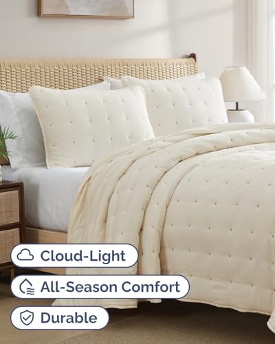 Image of Quilts King Size - Bedspread for King Size - Lightweight Comforter Set - Quilt Bedding Set for All-Seasons - Ultra Soft, Breathable & Comfy - Summer Coverlet with 2 Pillow Shams - 106 inch x 96 inch, Cream