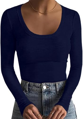 Basicspace Damen Gerippte Tops Schlank Hautfreundlich Basic T Shirt Einfarbig Tops Sexy Dehnbar Lässig Tief U Hals T Shirt Modisch Vielseitig Langarm Shirt