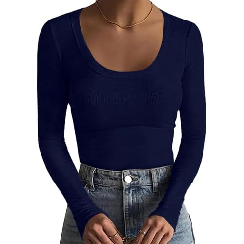 Basicspace Damen Klassisches Lässiges Geripptes Top Basic Vielseitig Schlankes Shirt Sexy Weiches Marineblau Langarm-Top（Marineblau，XL
