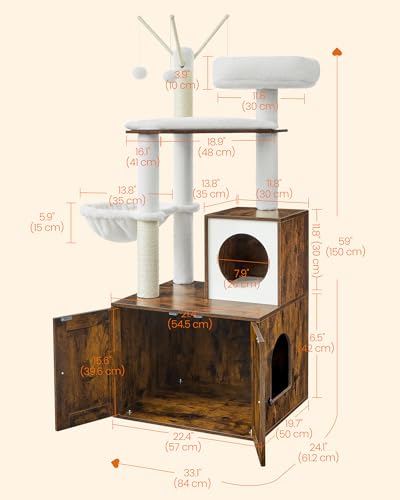 Image of Feandrea Cat Tree with Litter Box Enclosure, 59-Inch Modern Cat Tower | 2-In-1 Condo with Scratching Posts, Washable Removable Cushion, Rustic Brown UPCT113X01
