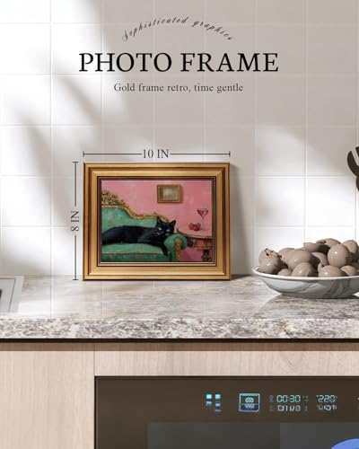 Image of VIYYIEA Vintage Gold Framed Wall Art for Living Room, Black Cat Canvas Prints Home Decor, Oil Painting Picture, Bedroom Wall Decor Gifts for Friends or Family -【Lying Cat】-(10L x 8W)