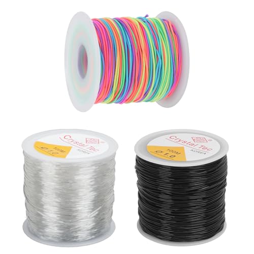 KINDPMA 3 Carretes de Banda Elástica para Pulseras Hilo de Joyería Cordón de Nailon Banda de Nailon Elástica Hilo de Cuentas para Hacer Joyas(Negro + Blanco 1,0 mm x 100 m, Colorido 1 mm x 60 m)