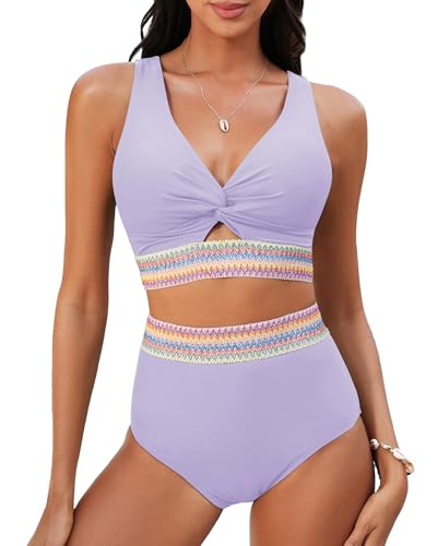 GRAPENT Bikini Sets for Women High Waisted Two Piece Swimsuit Padded Knot Twist Cut Out Color Block Bathing Suit Bikinis