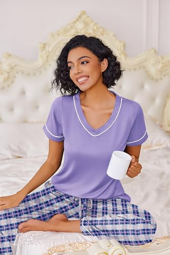 Ekouaer Pajamas for Women Set 2 Piece Lounge Set Soft Pajama Sets Short Sleeve and Pants Pj Sets Loose Sleepwear with Pockets — view 3
