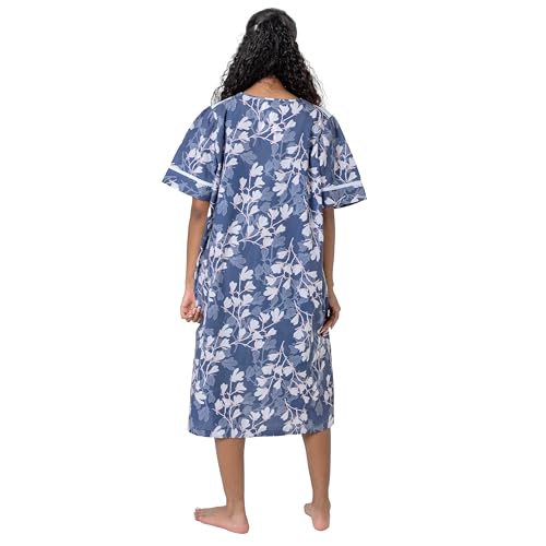 Image of Women's Short Sleeve Woven Snap-Front Closure Floral Embroidery Housecoat Duster Lounge Nightgown Robe with Front Pockets