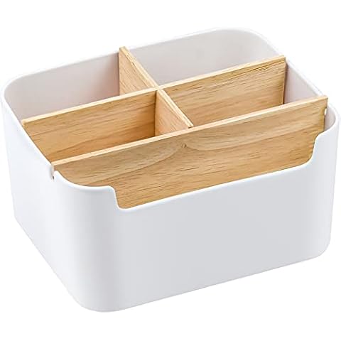 TEESIN Desktop Storage Organizer Boxes, Makeup Storage Box with 5 Compartments in Wood and Plastic Remote Control Pen Card Holder with Flexible Divider, Cosmetic Organiser Box for Bathroom, White Cover