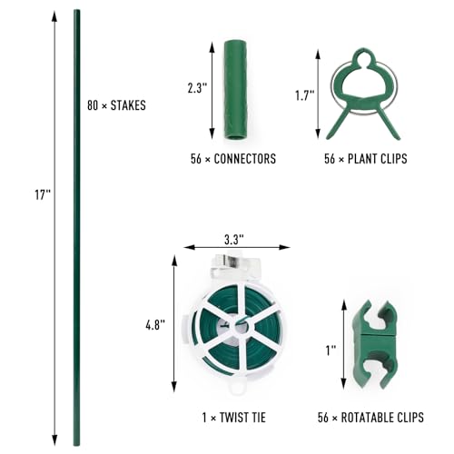 MAXPACE 249pcs Garden Stakes Kit: Includes 80 Sets of Fiberglass Plant Sticks Supports & Accessories for DIY 4ft, 5ft, 6ft, 7ft Stakes for Tomato, Vegetables, Indoor & Outdoor Gardening Supplies