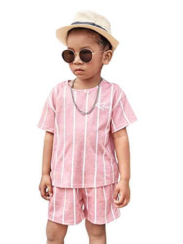 Image of WDIRARA Toddler Boy's 2 Piece Outfit Striped Letter Graphic Print Short Sleeve Tee and Shorts Set