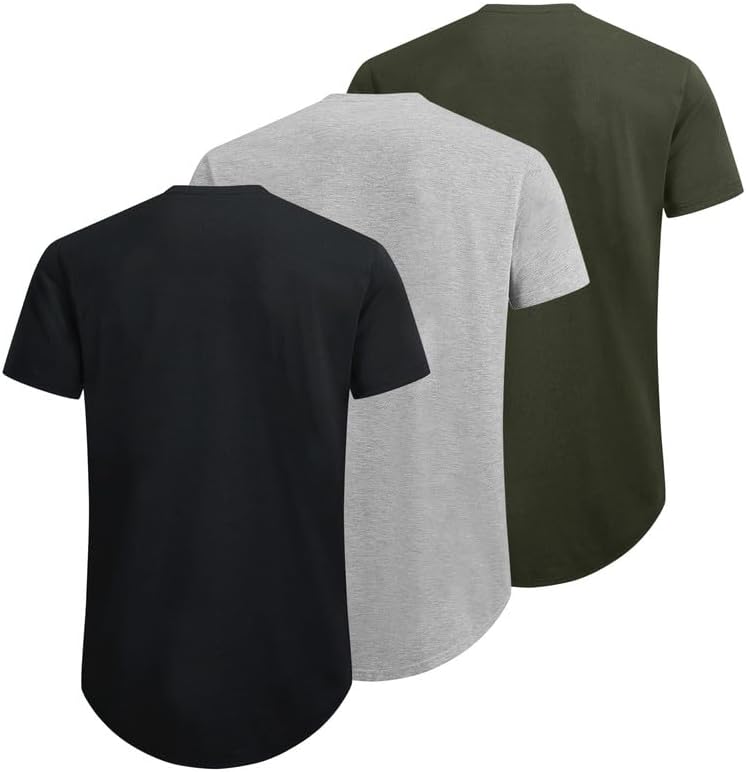 Mens 3 Pack Cotton Hipster Longline T Shirts Curved Hem Plain Hip Hop Short Sleeve Tee Fitted Casual Drop Cuts Crewneck - Image 4