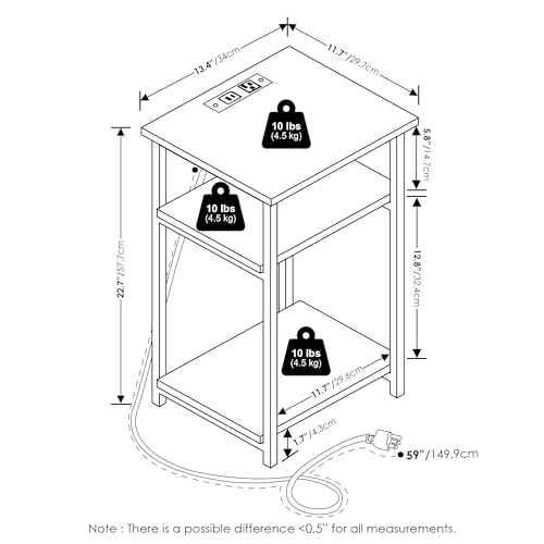 Mesa auxiliar con marco de metal de 3 niveles para dormitorio y estación de carga 4