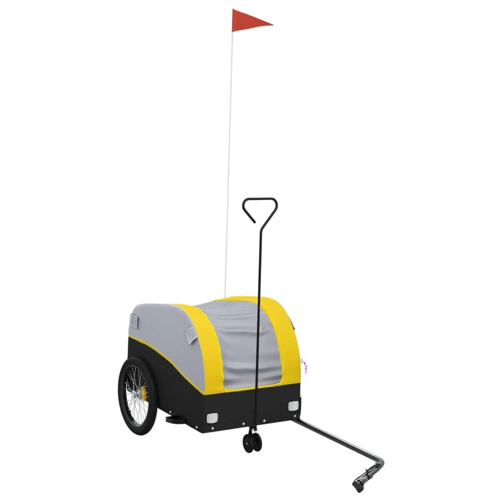 Remolque de bicicleta plegable de hierro negro y amarillo con capacidad de carga de 30 kg, con enganche y bandera de seguridad para transportar equipaje, perro, niño, camping, ciudad y al aire libre