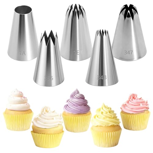 5PCS Large Stainless Steel Piping Tips Set – Frosting/Icing Nozzles with Disposable Pastry Bags for Cake,Cupcake & Cookie Decorating (1A 356 347 348 1E)