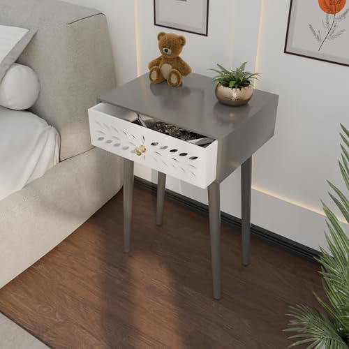 Image of Ereteken ART Nightstand Bedroom Carved Beside Table Made of MDF, Night Stand with 1 Drawers end Table for Bedroom /Living Room-White (Grey)