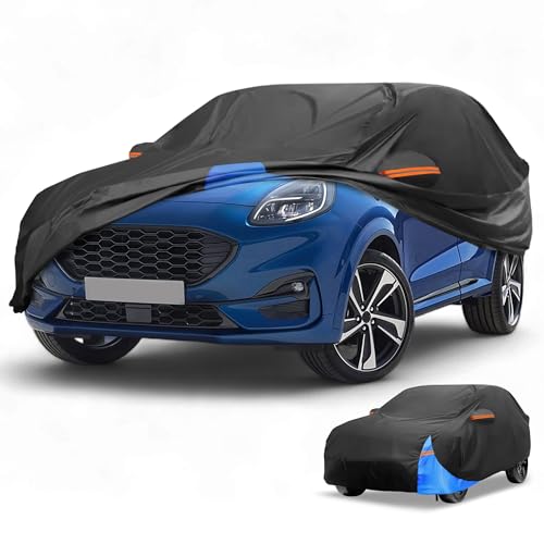 Image of All-Weather Waterproof Car Cover - UV-Resistant Outdoor Full Exterior Protection for Ford Puma 2019-2023 210D-PU Black Blue with Right Side Zipper